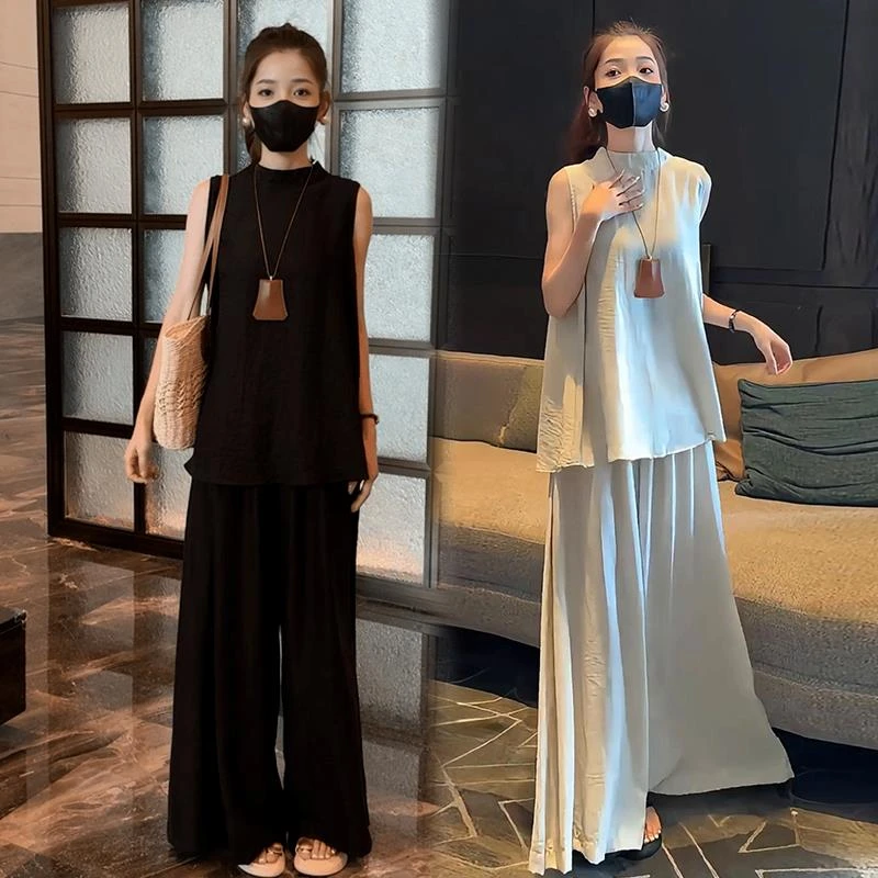 时尚套装女2025夏新款时髦洋气后开叉遮肚子无袖上衣阔腿裤两件套