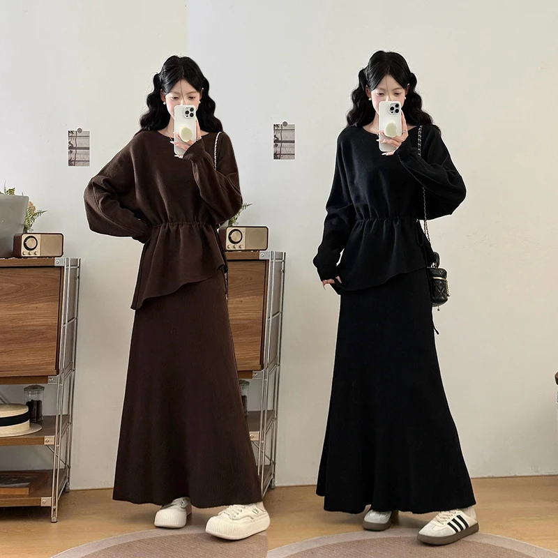 大码女装胖mm秋冬新款抽绳收腰不规则毛衣半身裙女装禅意仙气飘飘