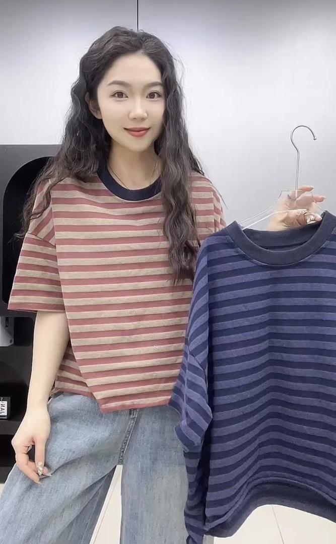 韩系套头圆领撞色条纹短袖T恤春夏季新款慵懒风宽松显瘦气质上衣