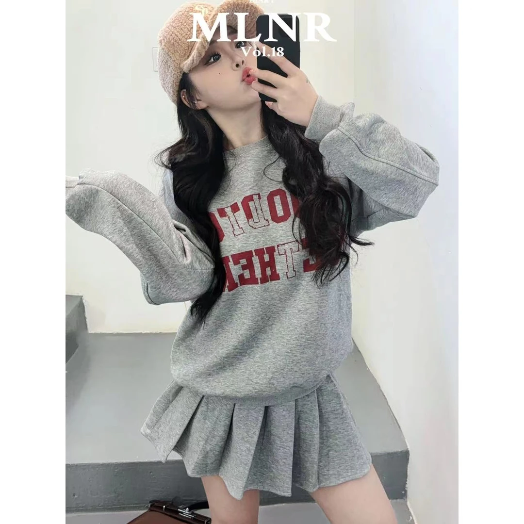 刘婆子店铺款 加绒学院卫衣套装炸街高级感百褶裙两件套 9596