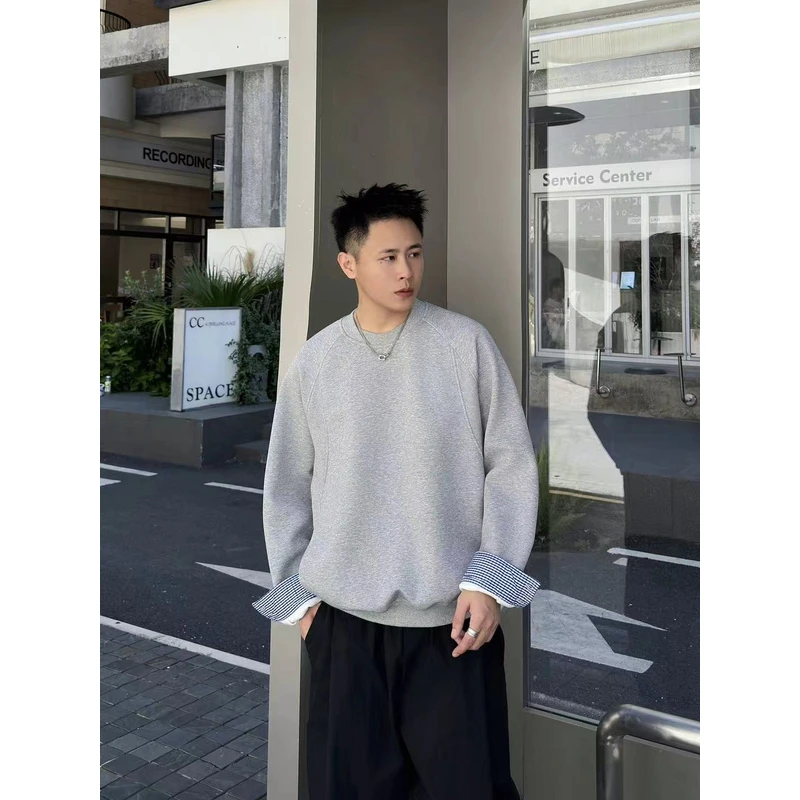 美式复古拼接长袖卫衣男款春秋季小众设计感上衣vintage慵懒风