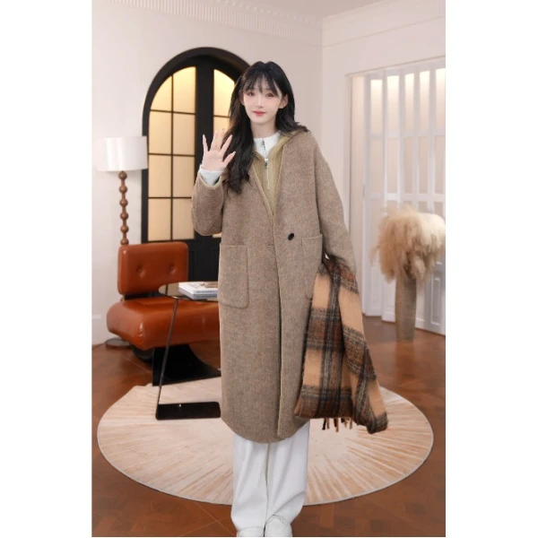 HSTYLE/韩都衣舍2025秋季新款法式V领复古宽松时尚双面羊毛大衣