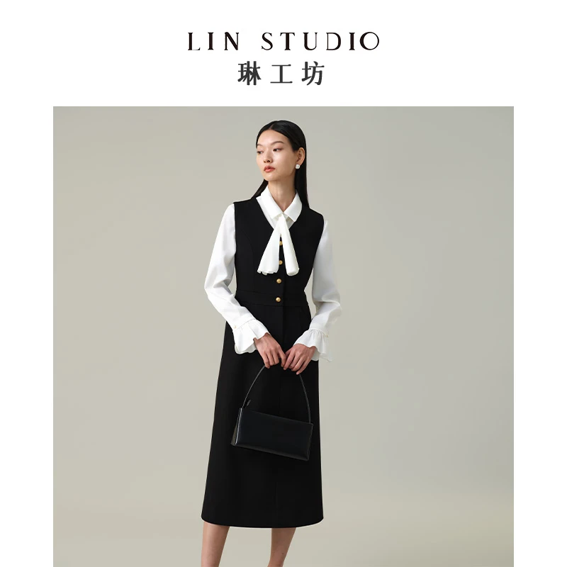 琳工坊“而今”黑色马甲连衣裙优雅时尚无袖显瘦小黑裙唐琳设计师