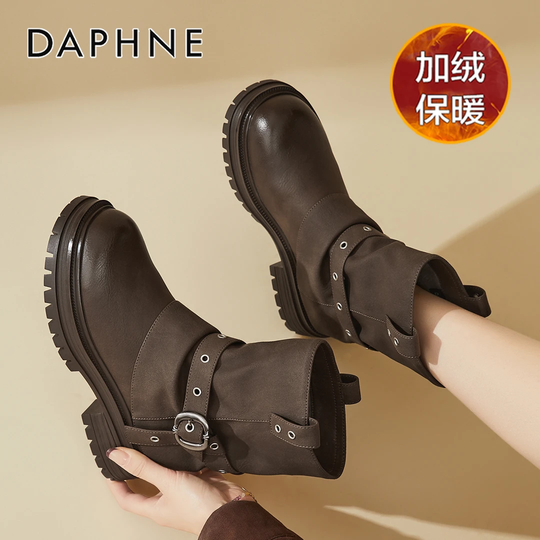 达芙妮巴恩风复古中筒靴女2025新款冬季西部牛仔靴厚底增高马丁靴
