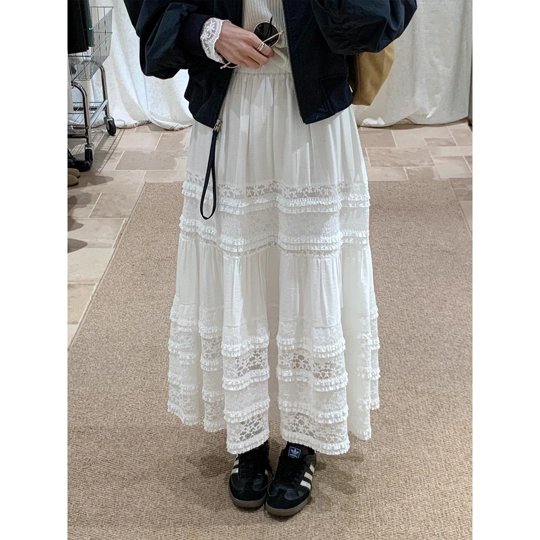 韩系超仙甜美蕾丝拼接白色半身裙女春秋新款温柔风蛋糕裙a字长裙