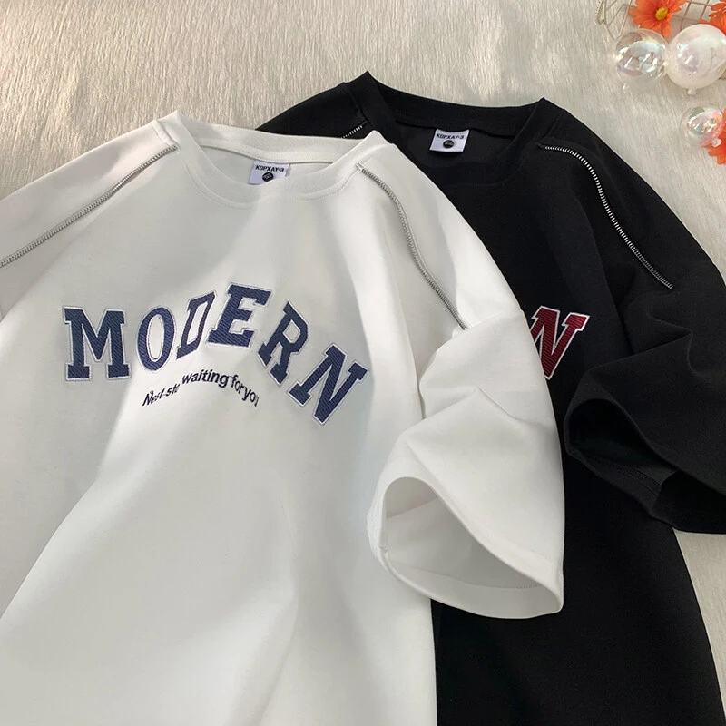 青少年短袖T恤男2025新款夏季新款字母刺绣百搭港风潮流宽松大码