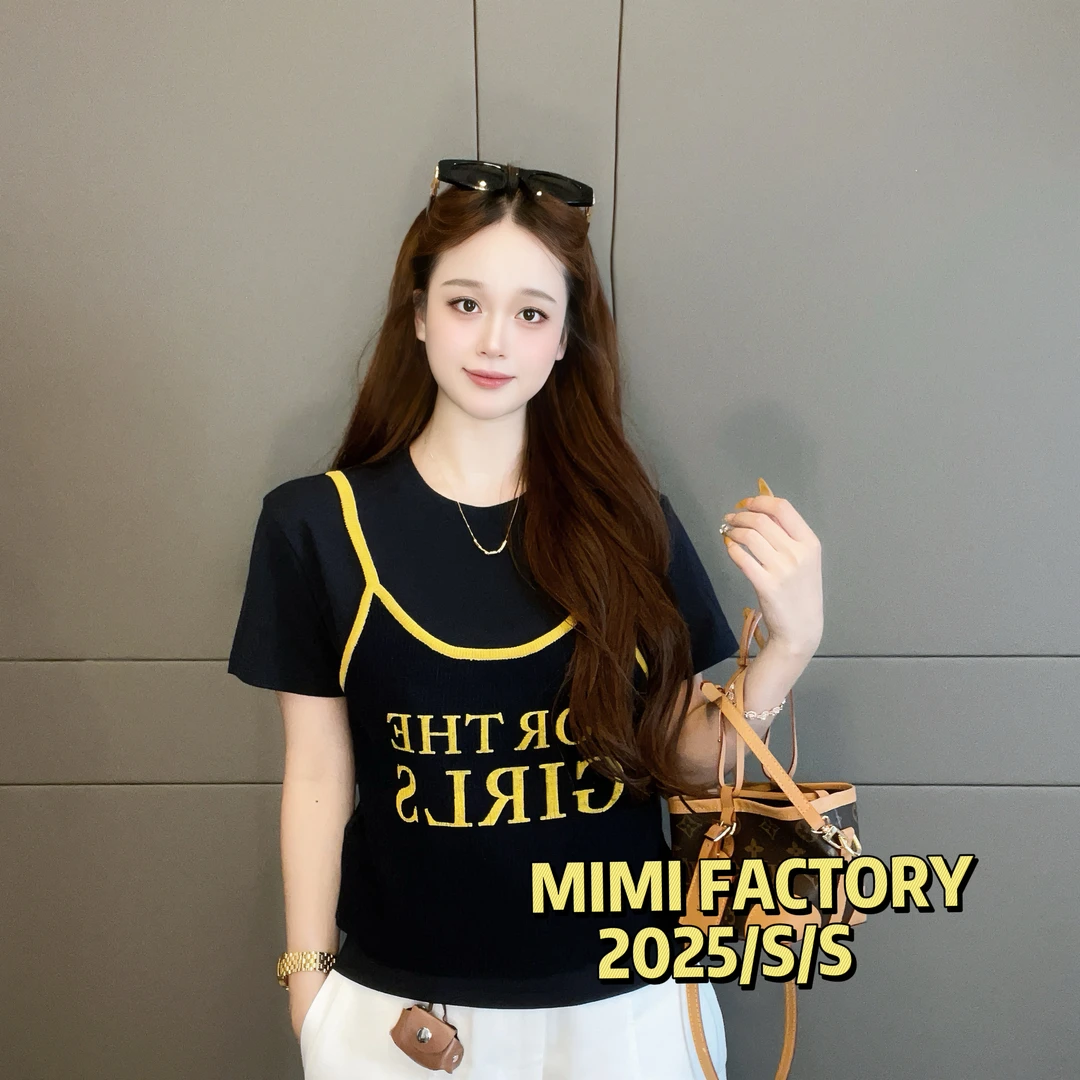 短袖女t恤2025新款巨好看的早秋上衣字母印花假两件设计5779#