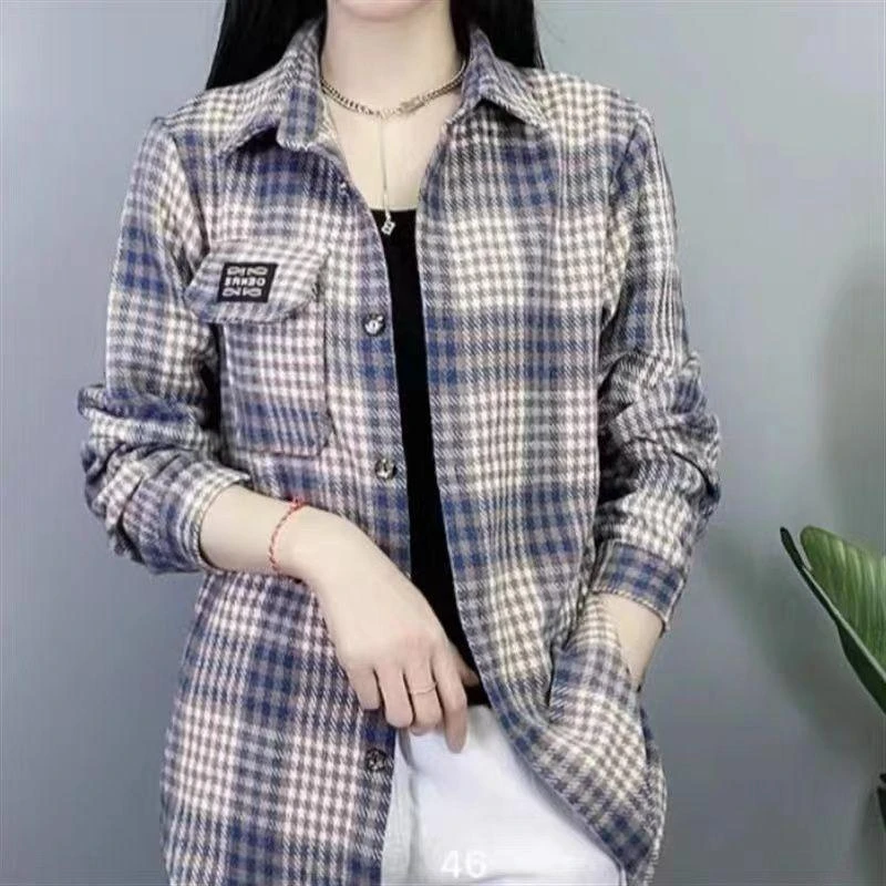 中年妈妈秋季装磨毛长袖格子衬衫女士显瘦时尚衬衣开衫厚款外套女