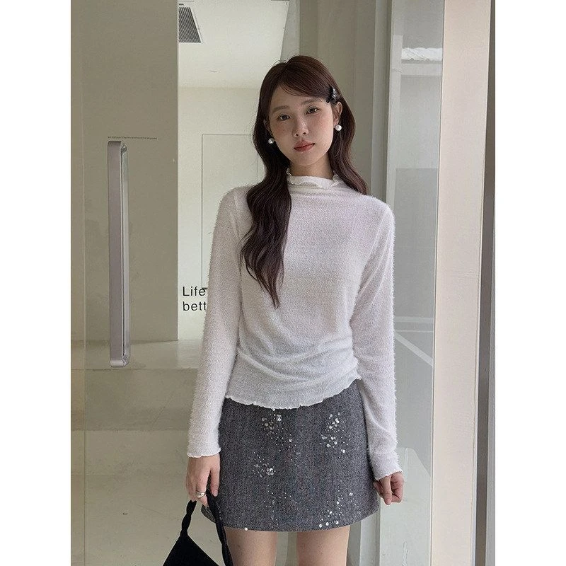 【柔雾秘境 】半高领木耳花边打底衫女冬季新款内搭T恤T2022F