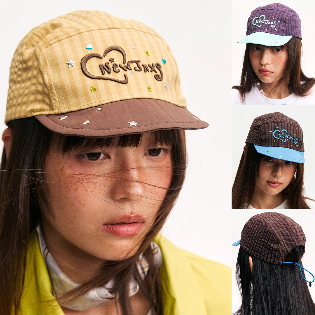 江南先生NewJNXS复古格纹烫钻立体刺绣拼色鸭舌帽可调节时尚帽子