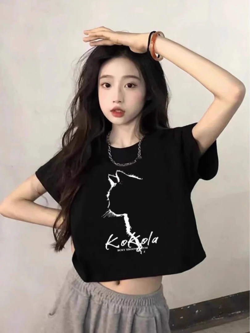 洋气衣服女黑色短款T恤短袖夏季美式正肩猫咪露脐热辣时尚上衣潮