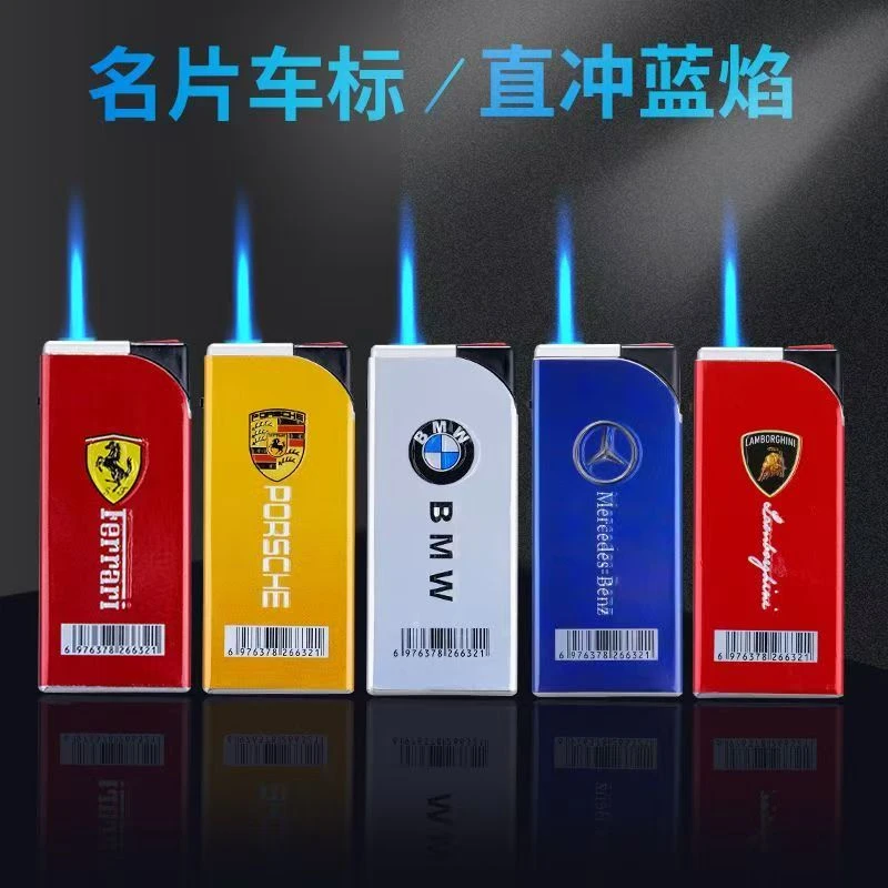 金属蓝焰直冲防风打火机创意车标彩印加厚耐用家用高端设计批发