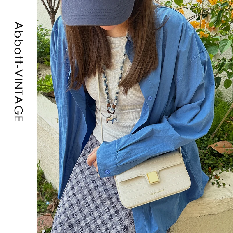 AbbottVINTAGE【珐琅长方包】头层牛皮单肩斜挎小包鳄鱼纹牛皮清新