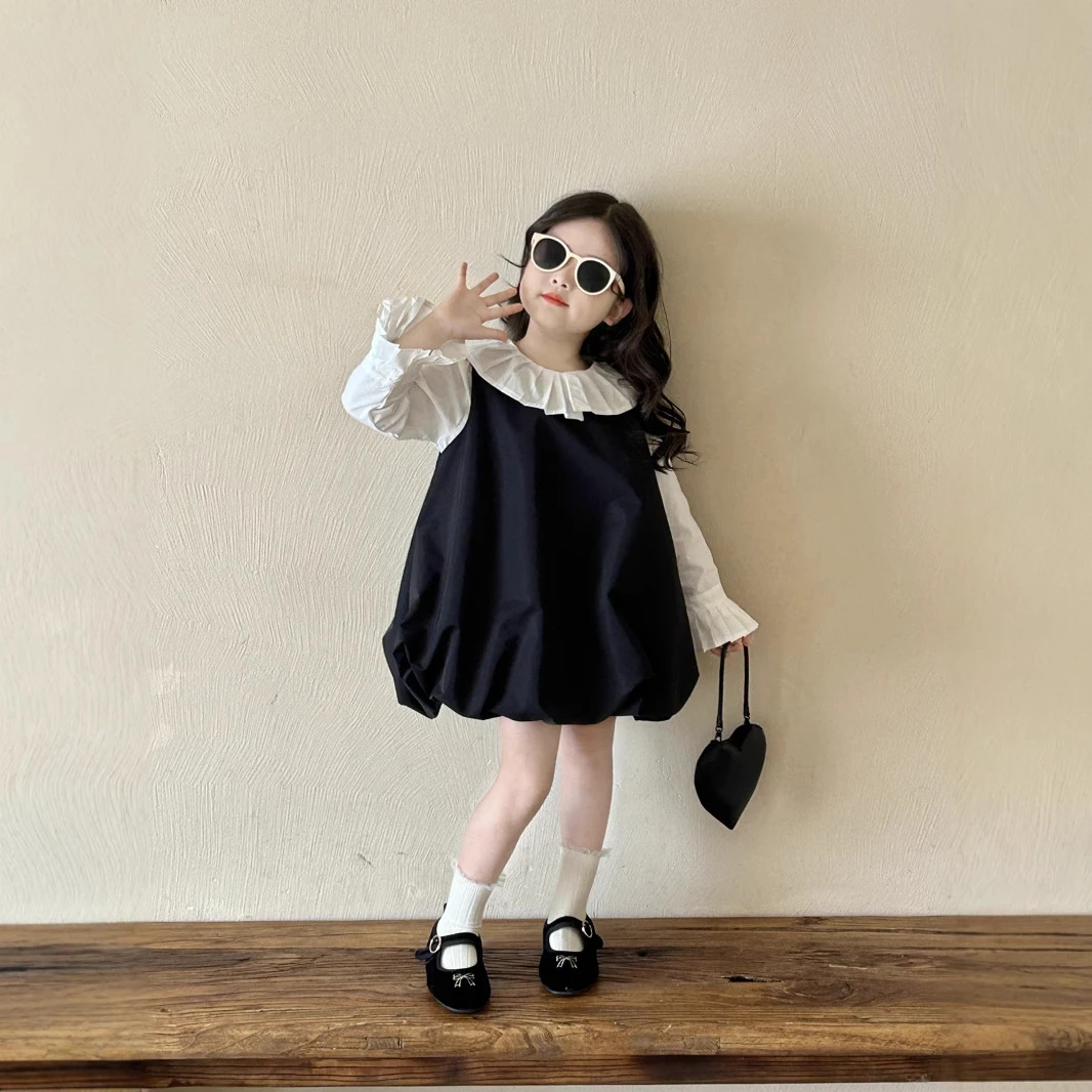 现货春季新款韩版女童白色花边压褶衬衫搭黑色蓬蓬背带裙