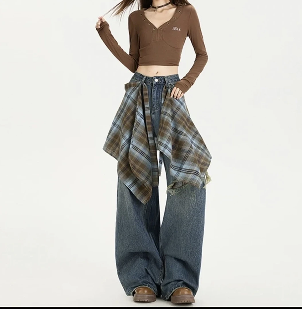 【送屁帘＋运费险】可拆卸屁帘阔腿牛仔裤女秋季新款破洞宽松直筒裤g