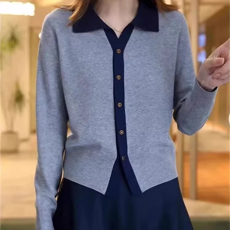 高档时尚翻领长袖针织开衫女春秋新款韩版宽松显瘦减龄百搭上衣