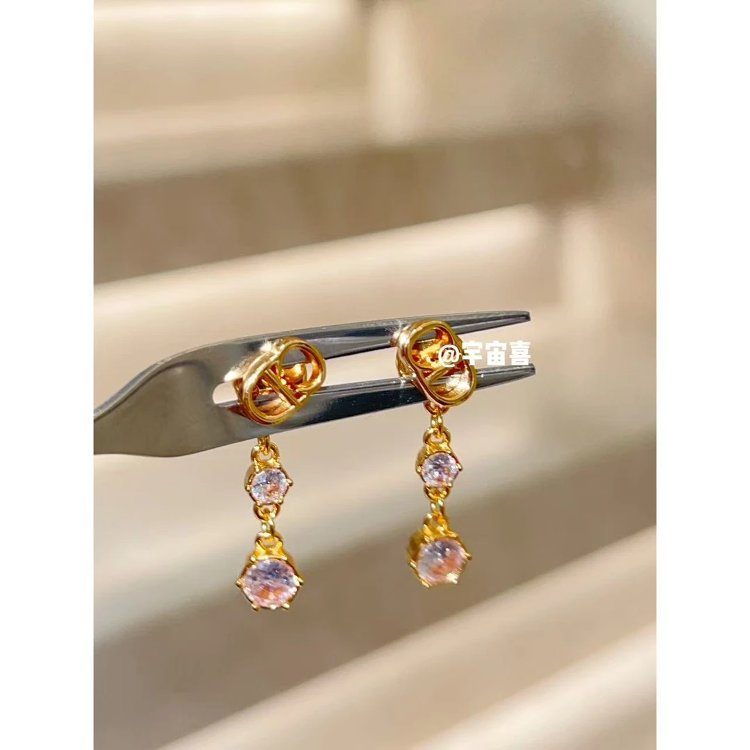 铜合金锆石耳饰 B5-120【金色猪鼻子前后坠白锆流苏耳钉】