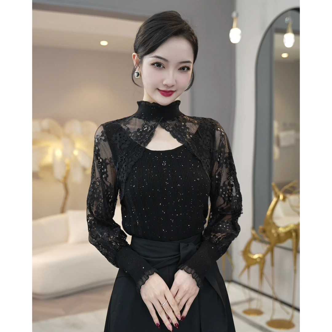 现货2025秋冬新款【752】含绵羊毛气质蕾丝镂空洋气法式黑色打底衫