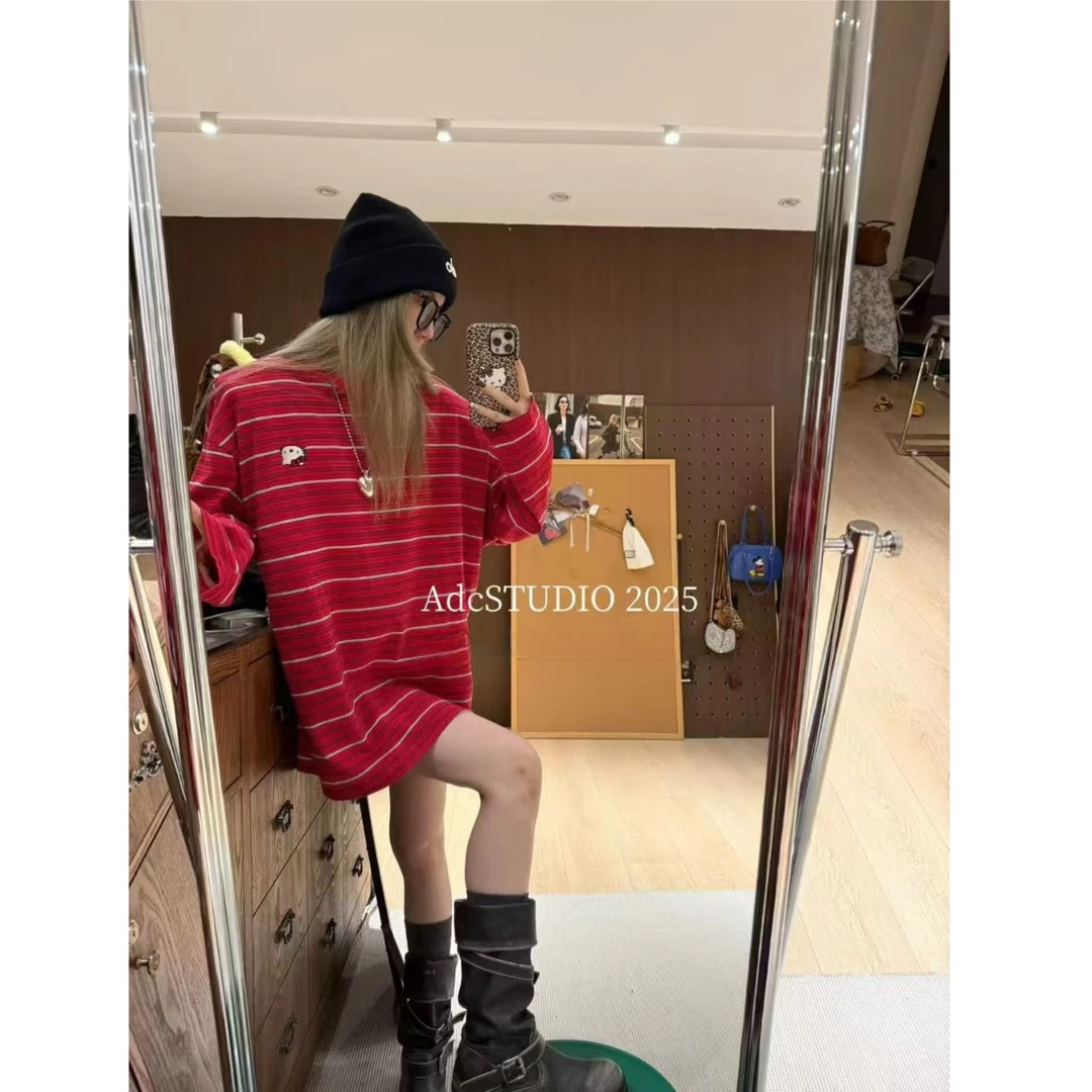 【现货-KT红条纹】東room秋季新款宽条纹刺绣KT条纹长袖垫肩T恤女