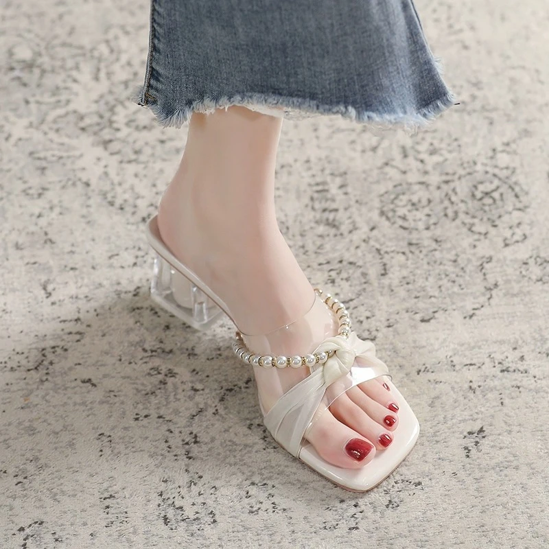 仙女风绝美透明水晶粗跟高跟凉拖鞋女士外穿2025夏季新款搭配裙子