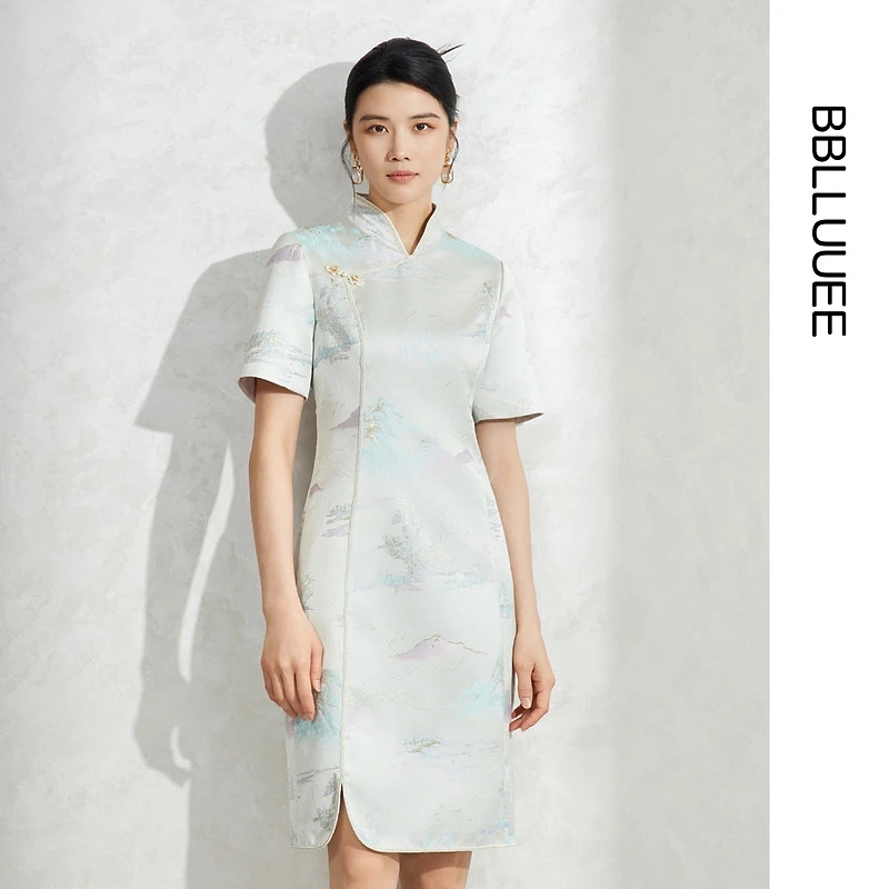 【晨粉专享价】BBLLUUEE/粉蓝衣橱国风感山水提花旗袍连衣裙