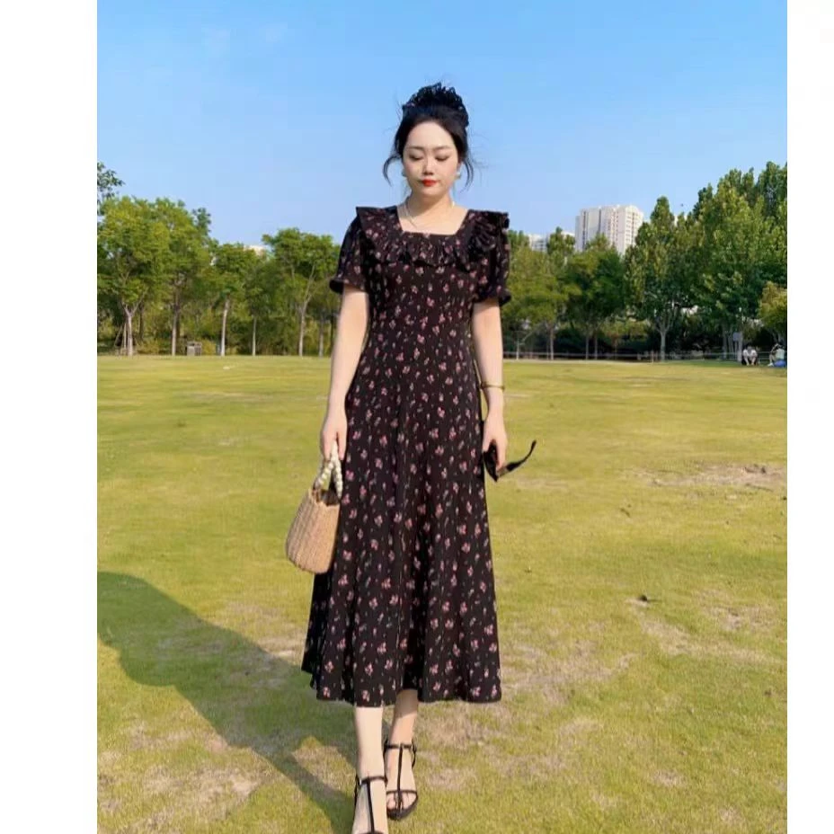 25138#2025夏季新款前后面两穿设计款显瘦气质时尚长款粉花连衣裙