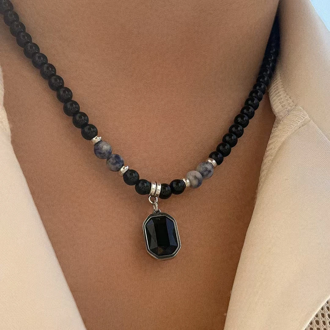 铜合金亚克力项链 欧美风项链锁骨链黑色珠子方块项链小众百搭