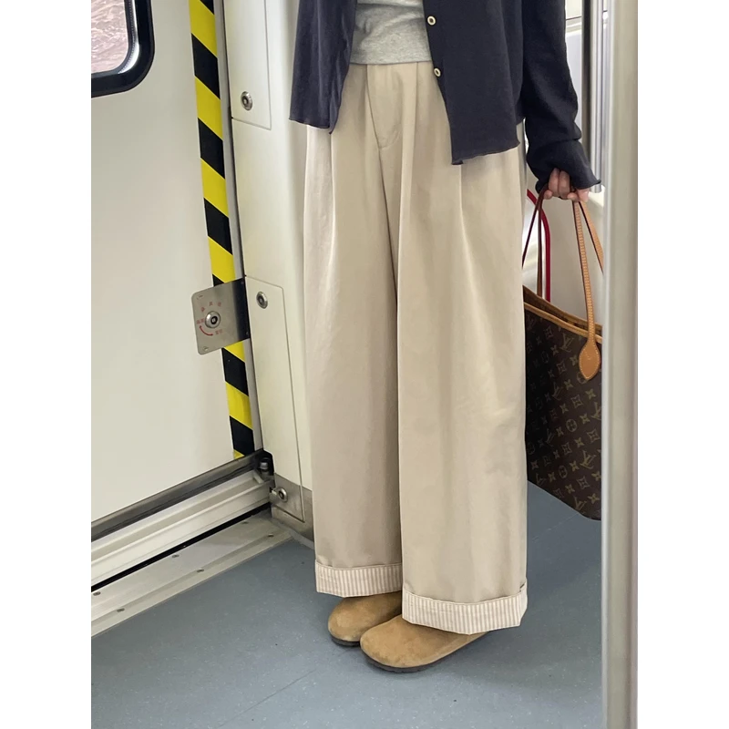 复古翻边宽松直筒休闲长裤子女2025年春秋夏季气质百搭遮肉阔腿裤