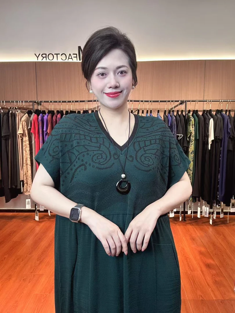 686 MM factory短袖套头显瘦V领女装妈妈装静奢风夏季连衣裙夏装