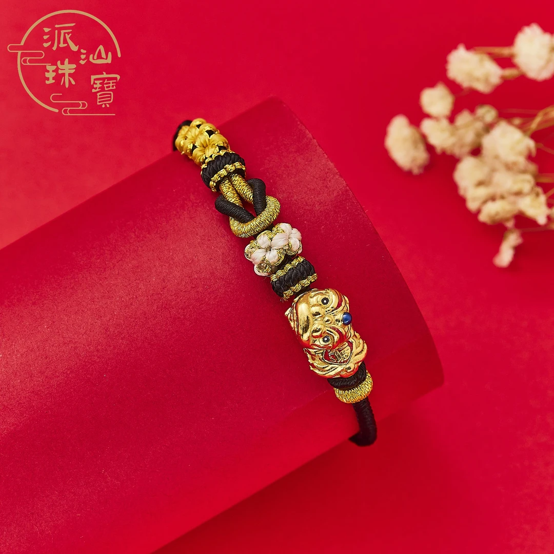 925银珐琅手链 S925纯银镀金吞金醒狮转运福气编织手工手绳礼物