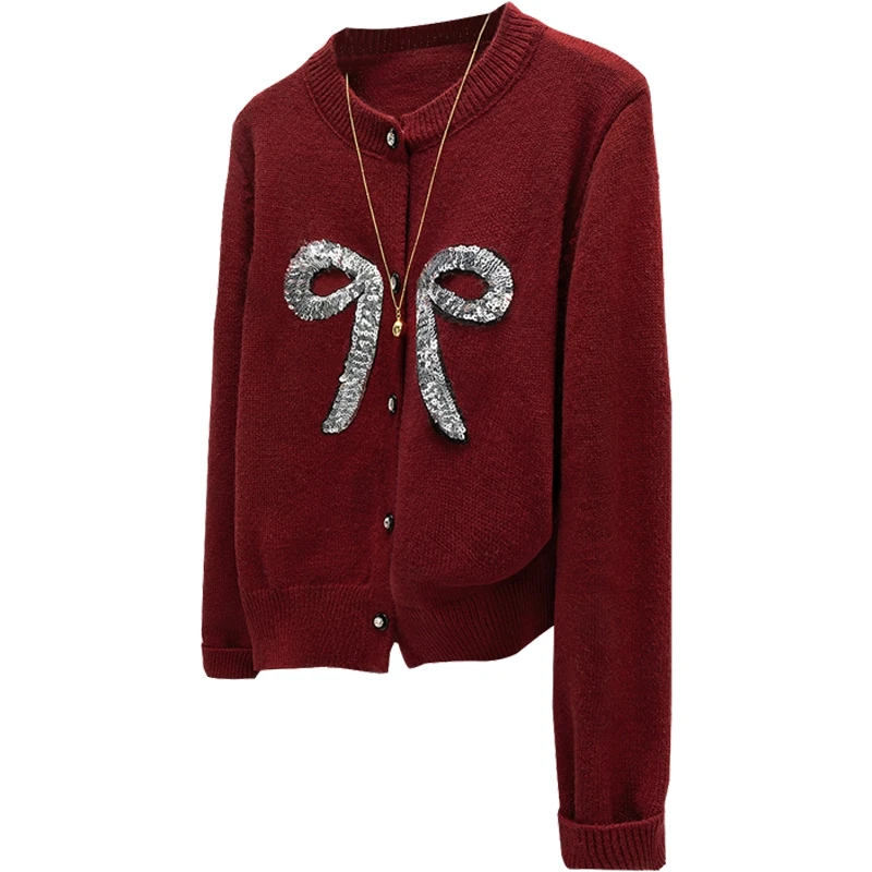 【品牌奥莱】她池2025春装新款亮片蝴蝶结单排扣针织衫T51D0005Z