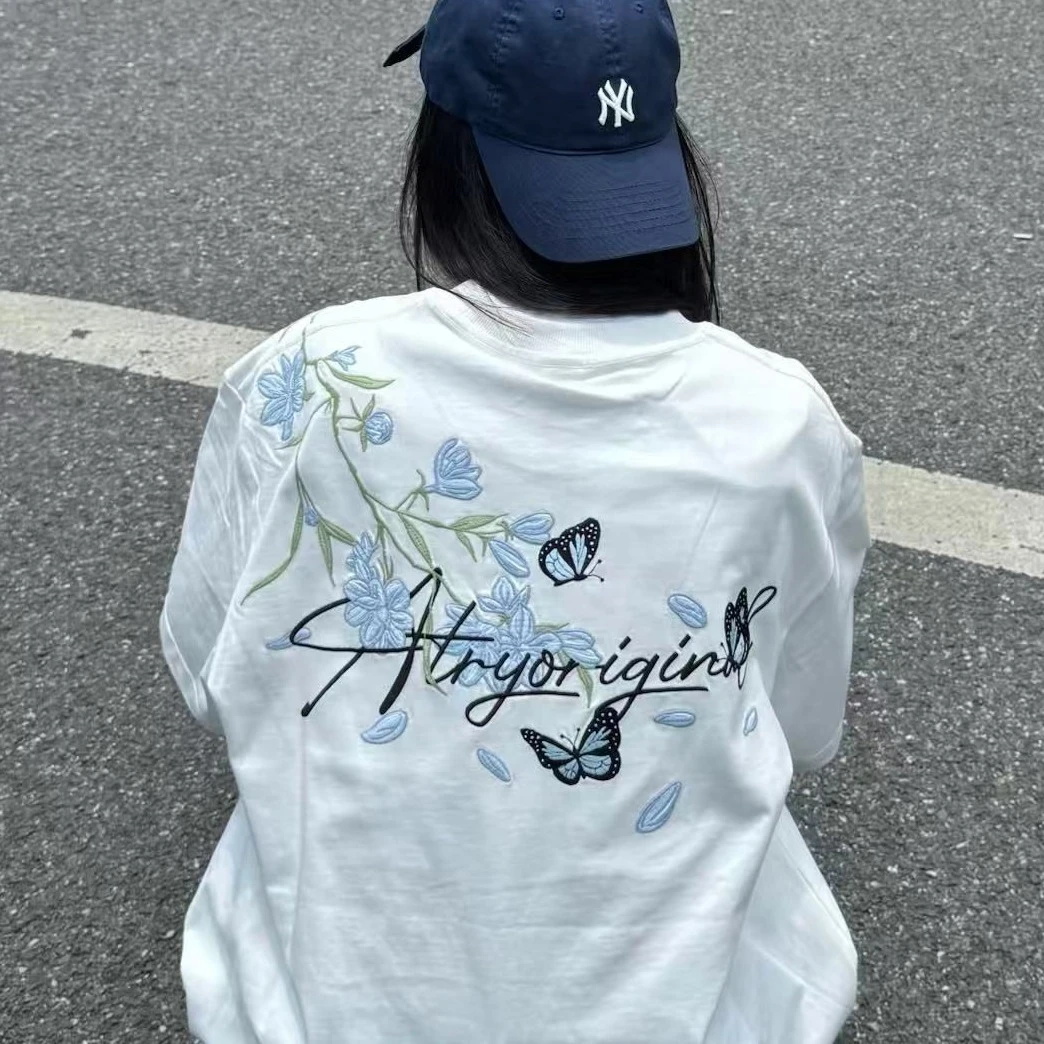 蝴蝶字母花卉刺绣高级感短袖T恤女2025夏季爆款纯棉重磅潮牌上衣