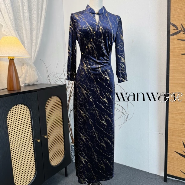 【蓝山序】婉婉夫人秋季设计师款修身显瘦丝绒烫金高腰气质高雅旗袍