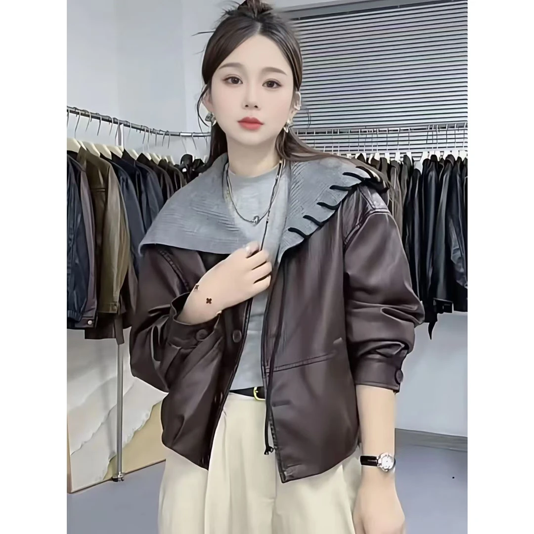2330#皮衣秋季拼接短款海军领工装风皮衣女装网红气质韩版休闲