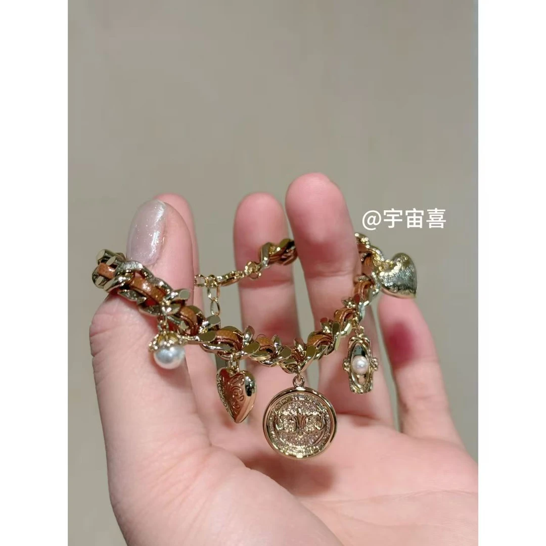 铜合金皮质手链 I3-300【浅金色古巴链条深色穿皮古币多元素手链】