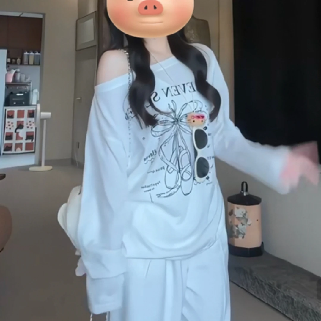 胖mm夏季大码辣妹露肩长袖印花字母T恤蝴蝶宽松抽绳防晒休闲