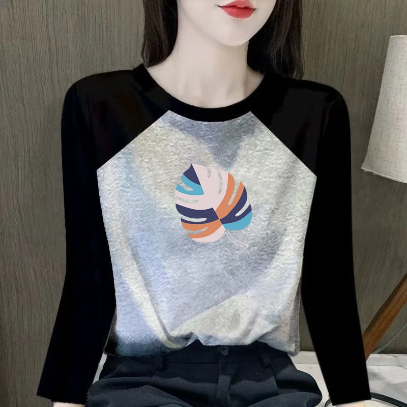 纯棉长袖t恤女春秋款拼接韩版宽松圆领打底衫时尚印花体恤上衣潮