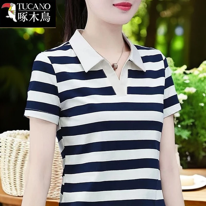 啄木鸟条纹拼色短袖POLO领T恤2025年夏季新款时尚显瘦减龄上衣女