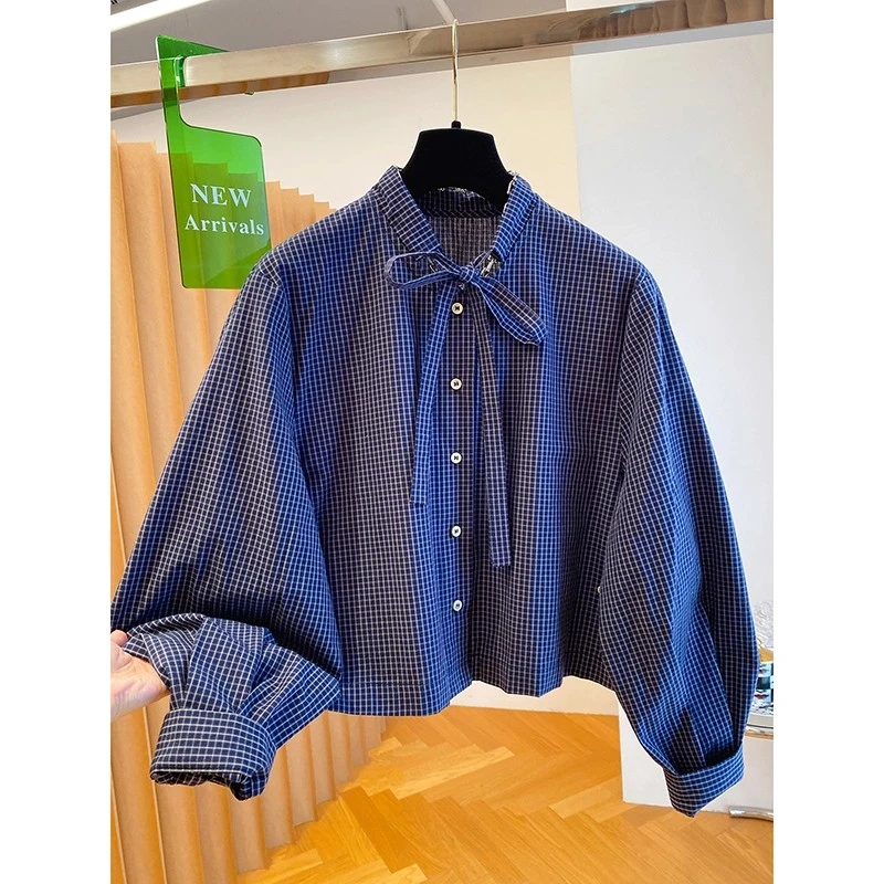 轻奢长袖蝴蝶结系带格子衬衫女装春秋高级感上衣韩版外搭减龄新款