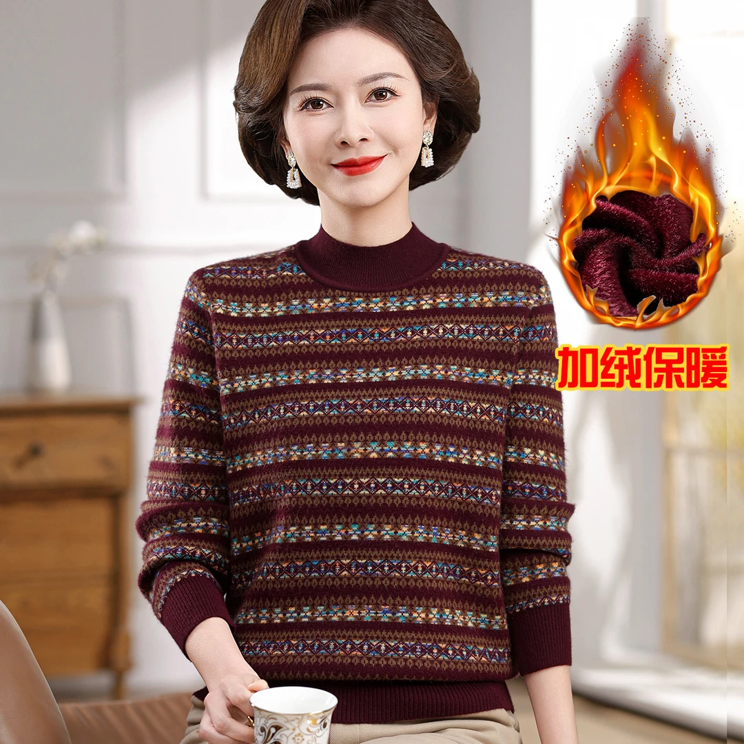 妈妈装冬装毛衣加绒加厚洋气保暖中老年女冬季半高领气质打底衫