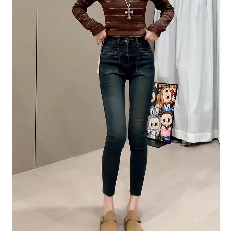 蓝色显瘦高腰小脚牛仔裤女2025春秋新款胖mm弹力小个子九分铅笔裤