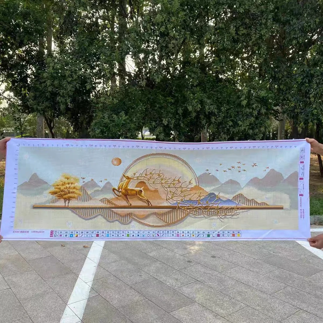 纯手工十字绣成品招财树麋鹿客厅卧室现代大气风景215×78厘米