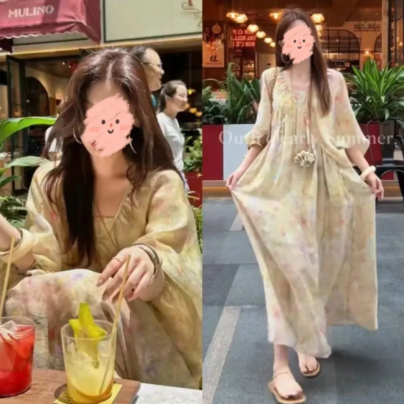 夏季高级感休闲时尚复古宽松长款V领蝙蝠袖连衣裙法式中袖A字长裙