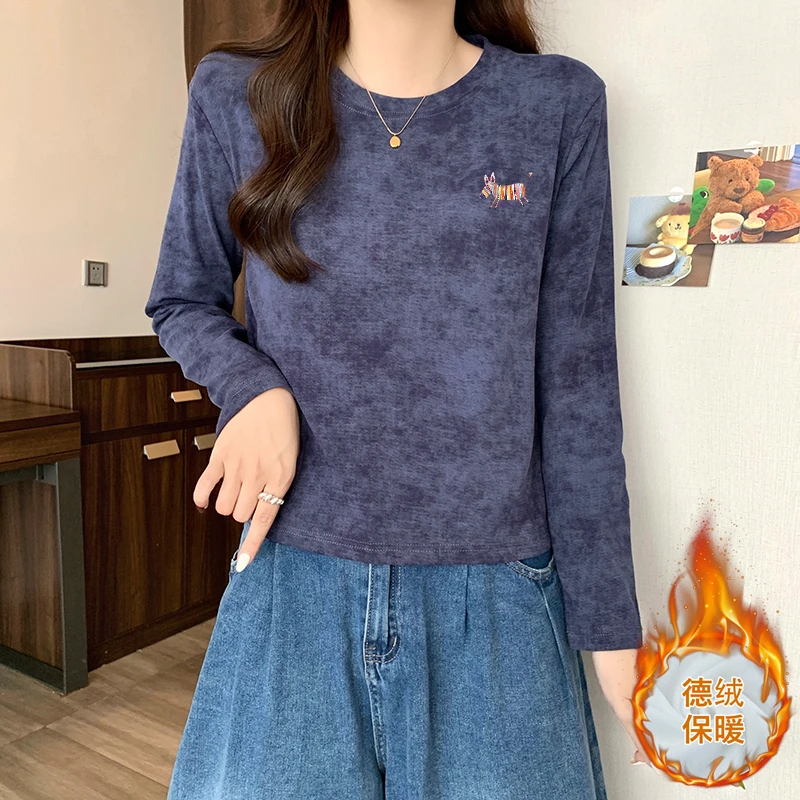 美式复古扎染德绒圆领长袖t恤女洋气百搭保暖款上衣打底衫秋冬季