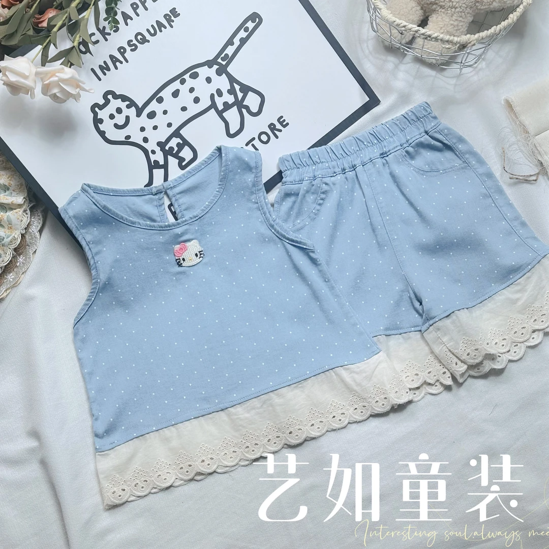 番茄家*【穿搭出圈】夏季上新凯迪猫无袖上衣+牛仔短裤套装D-W907