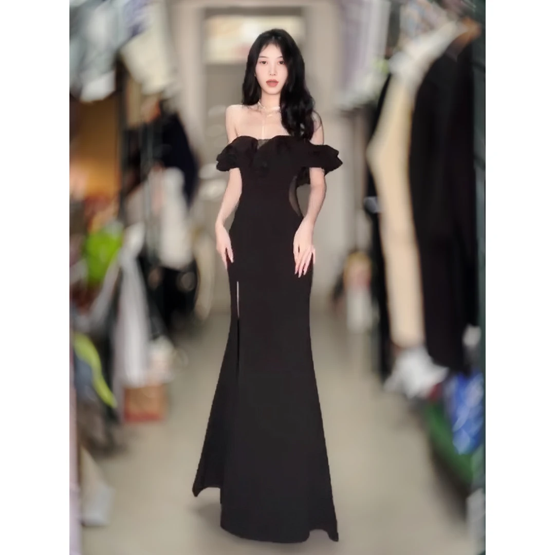 法式纯欲一字肩连衣裙女夏季新款名媛气质高开叉晚宴礼服收腰长裙