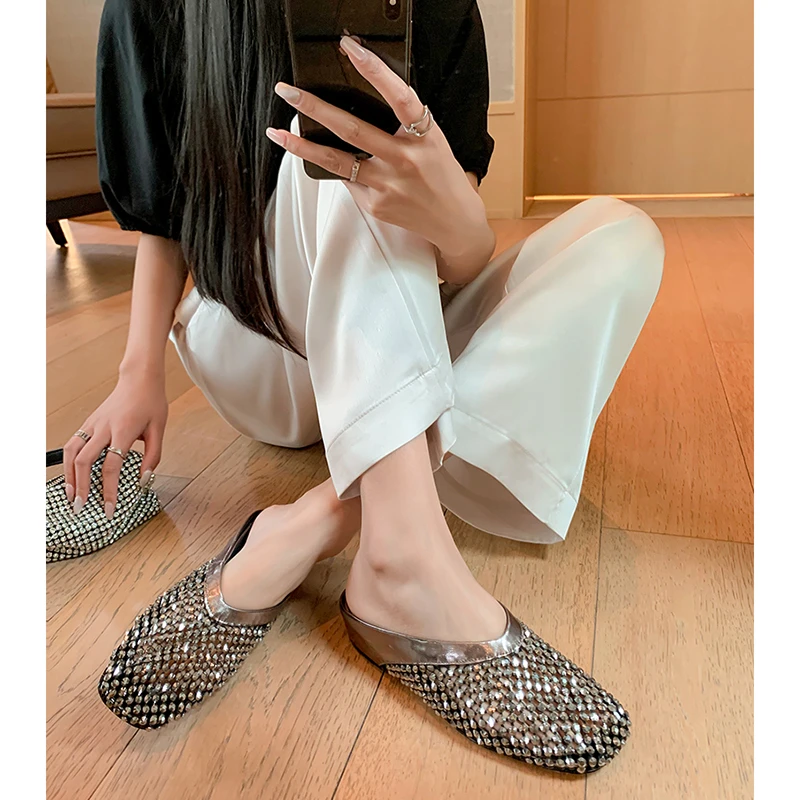 3cm小众时髦满钻镂空渔网包头半拖鞋女2025新款圆头内增高凉鞋拖