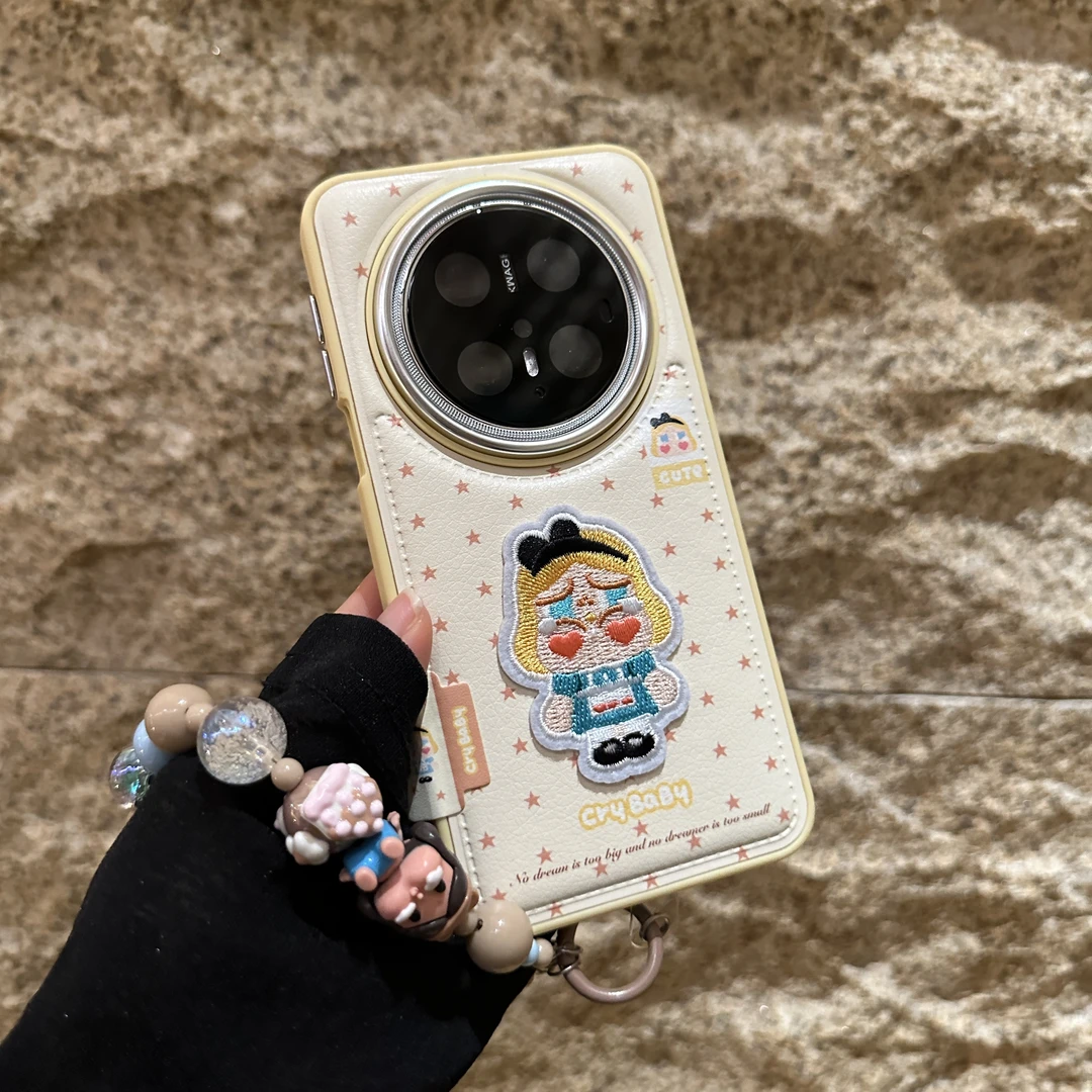 适用华为mate70pro手机壳pura80ultra皮质刺绣可爱卡通mate60挂绳