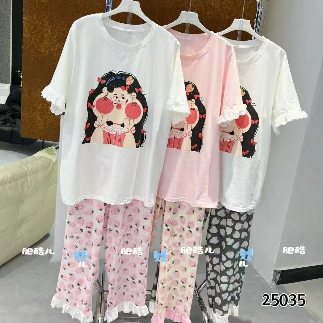 胖胖家*25035新款卡通小女孩圆领拼接花边显瘦睡衣套装