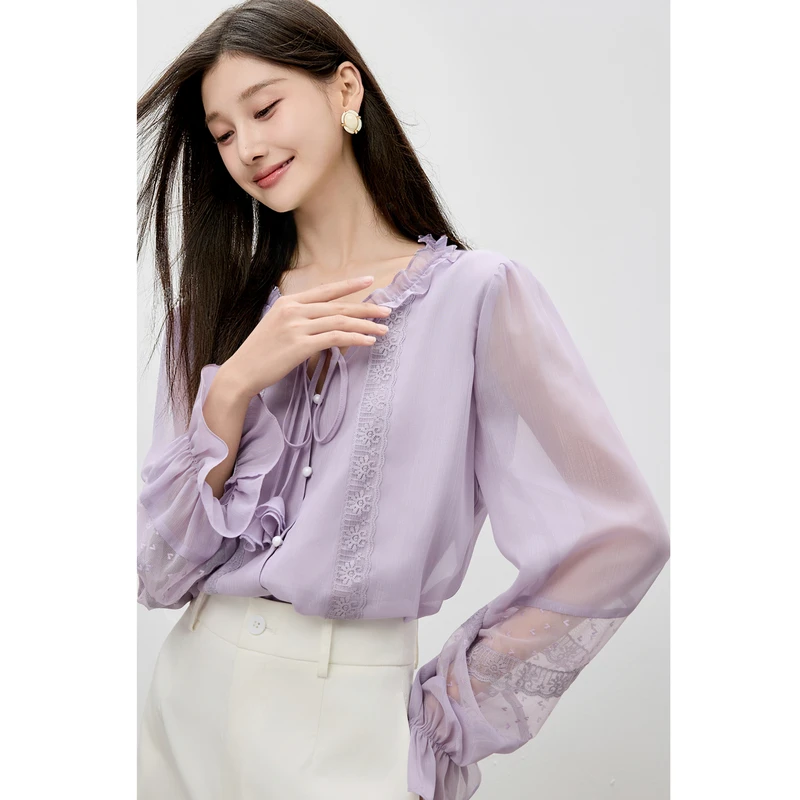 秋水伊人温柔灵动蕾丝衫2025年秋季新款百搭上衣625308M060173